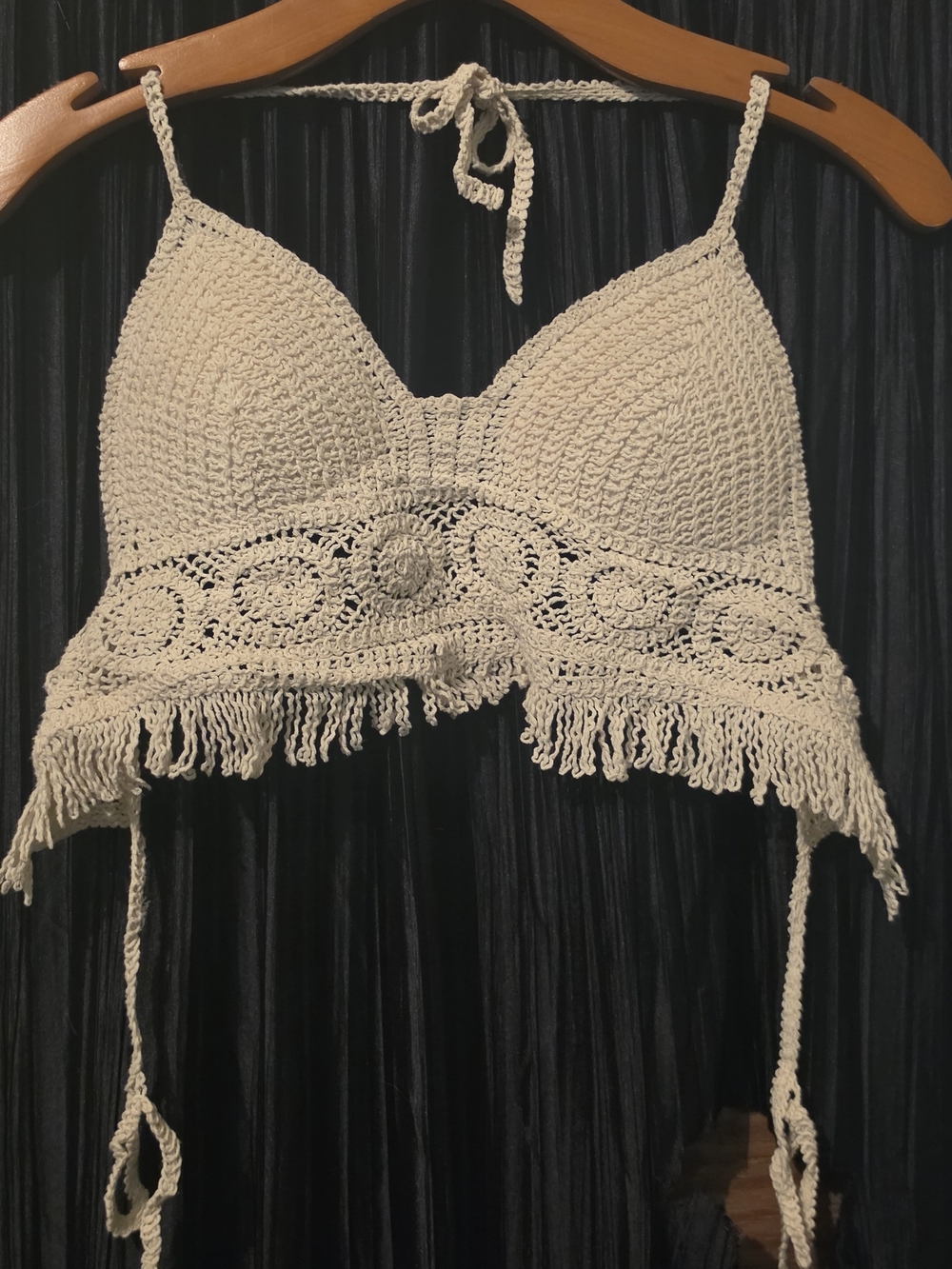 Handmade Crochet Fringe Bandeau Bralette - Cream